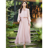 Womens Long Sleeve Pink Silk Maxi Dress Lapel Neck Silk Dresses Pink XS