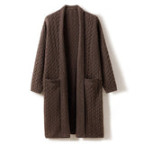 Womens Long Cable Knit Cashmere Cardigan Open Front Coat With Pockets