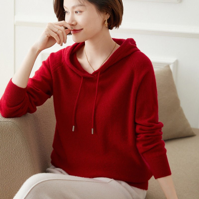 Women Long Sleeve Cashmere Hoodie Knit Cashmere Hoodie With Drawstring