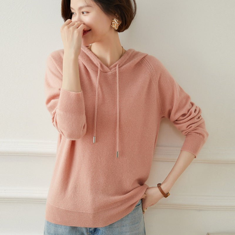 Women Long Sleeve Cashmere Hoodie Knit Cashmere Hoodie With Drawstring