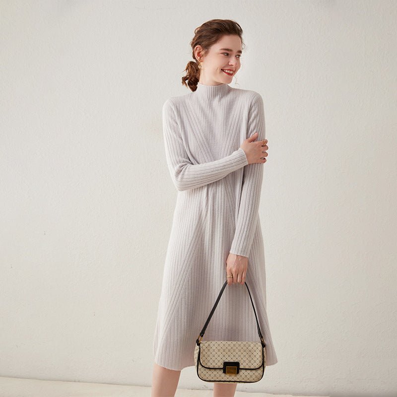 Womens Mock Neck Cashmere Dress Cashmere Midi Dress Bottom Dress White XS