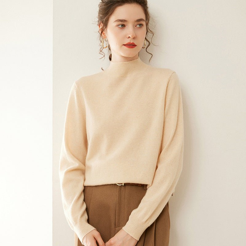 Womens Mock Neck Cashmere Sweater Cashmere Pullover Ribbed Hem Beige XS