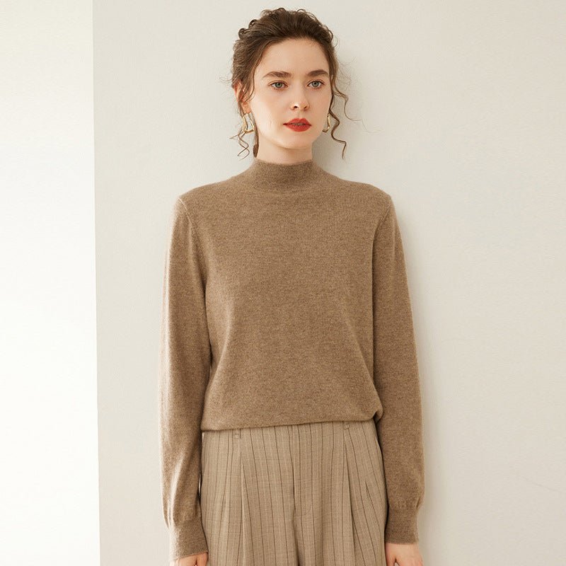 Womens Mock Neck Cashmere Sweater Cashmere Pullover Ribbed Hem Taupe XS
