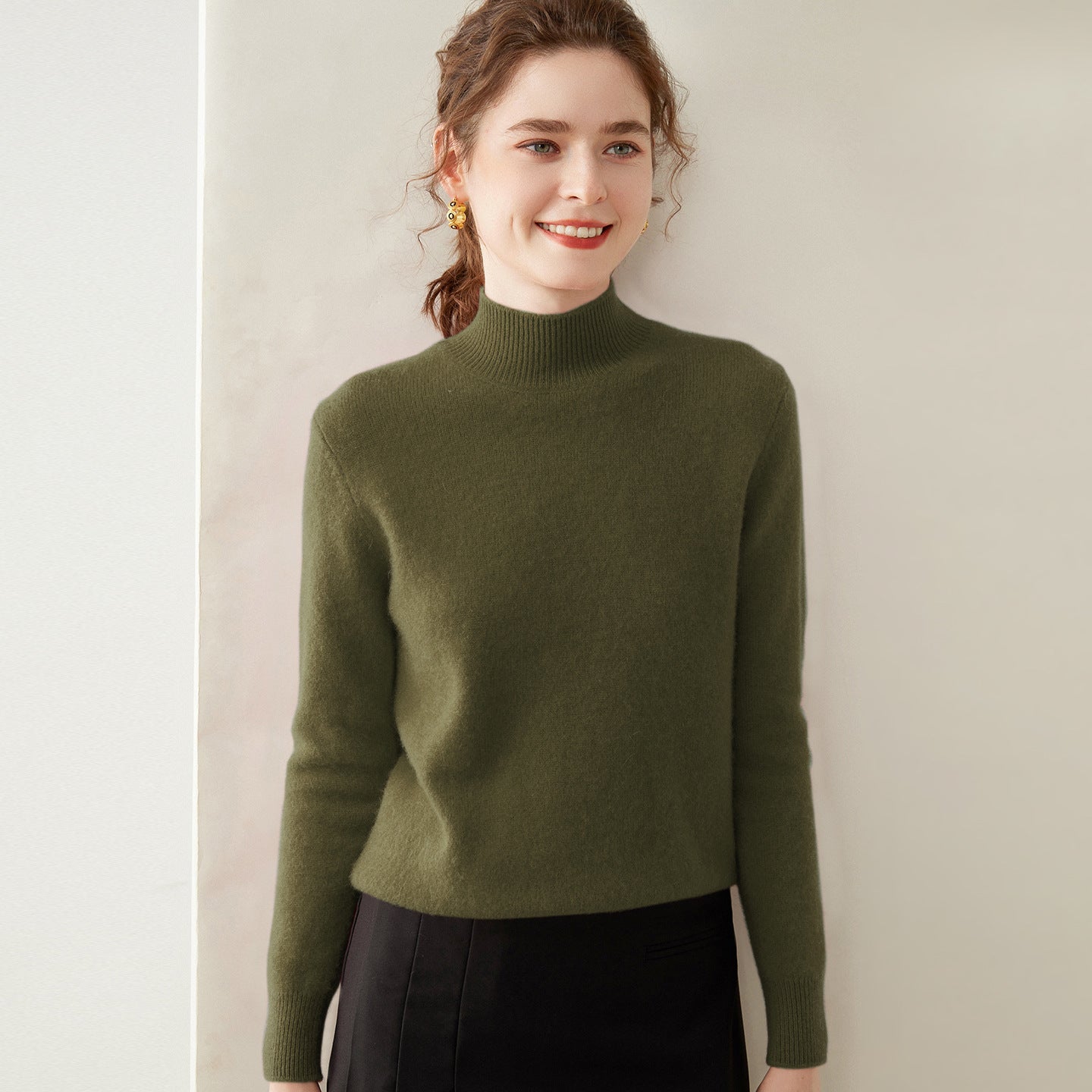 Womens Mock Neck Cashmere Sweater Long Sleeve Cashmere Pullover Multi Colors Olive Green XS