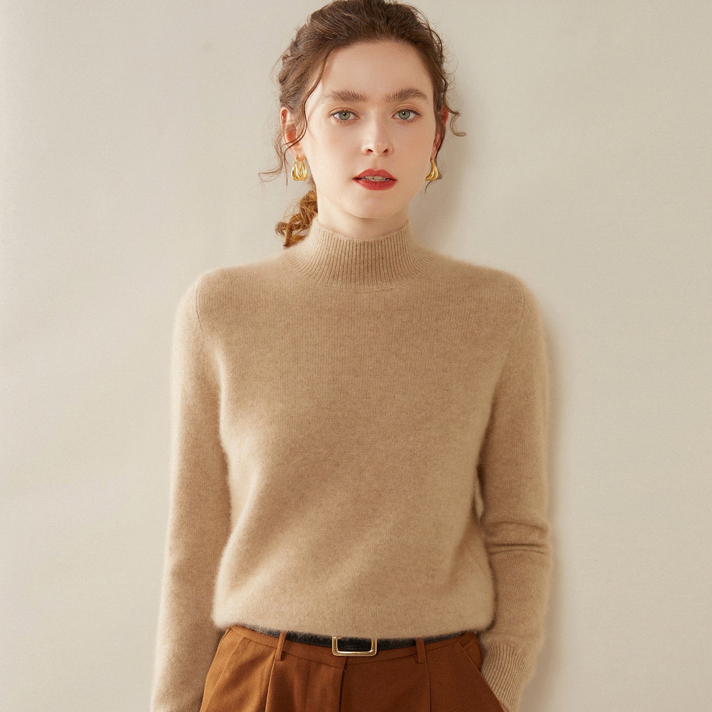 Womens Mock Neck Cashmere Sweater Long Sleeve Cashmere Pullover Multi Colors Camel XS