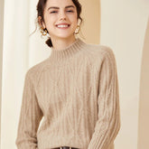 Womens Crew Neck Textured Cable Knit Long Sleeve Cashmere Sweater