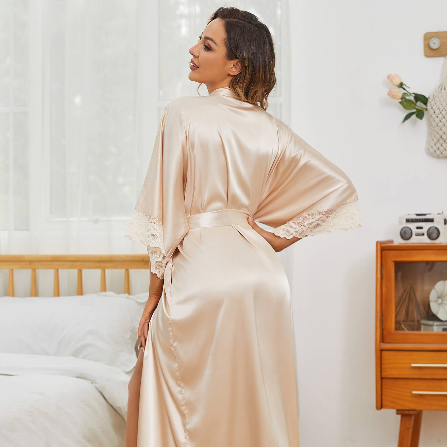 Womens Pure Silk Kimono With Lace Silk Bridesmaid Robes