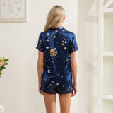 Women's Navy Space Print Silk Pajama Set Short Sleeve & Shorts