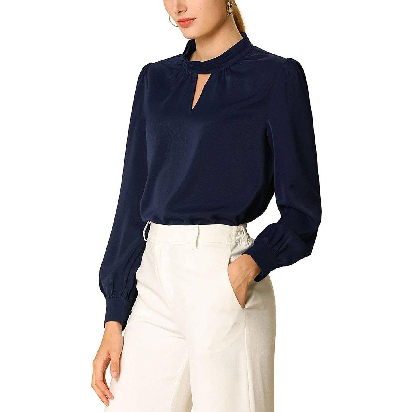 Women's Office Silk Shirt Keyhole Elegant Stand Collar Long Sleeve Silk Blouses