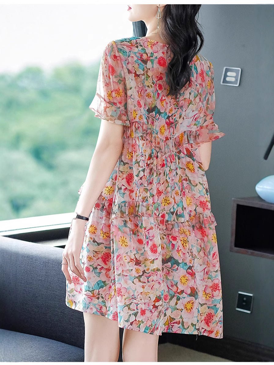 Womens Pink Floral Silk Mini Dress Tiered Ruffle Loose Silk Dress Pink XS