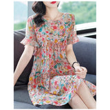 Womens Pink Floral Silk Mini Dress Tiered Ruffle Loose Silk Dress Pink XS