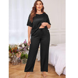 Women's Plus Size Silk Sleepwear Short Sleeve Silk Pajamas Black 1X