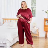 Women's Plus Size Silk Sleepwear Short Sleeve Silk Pajamas Claret 1X