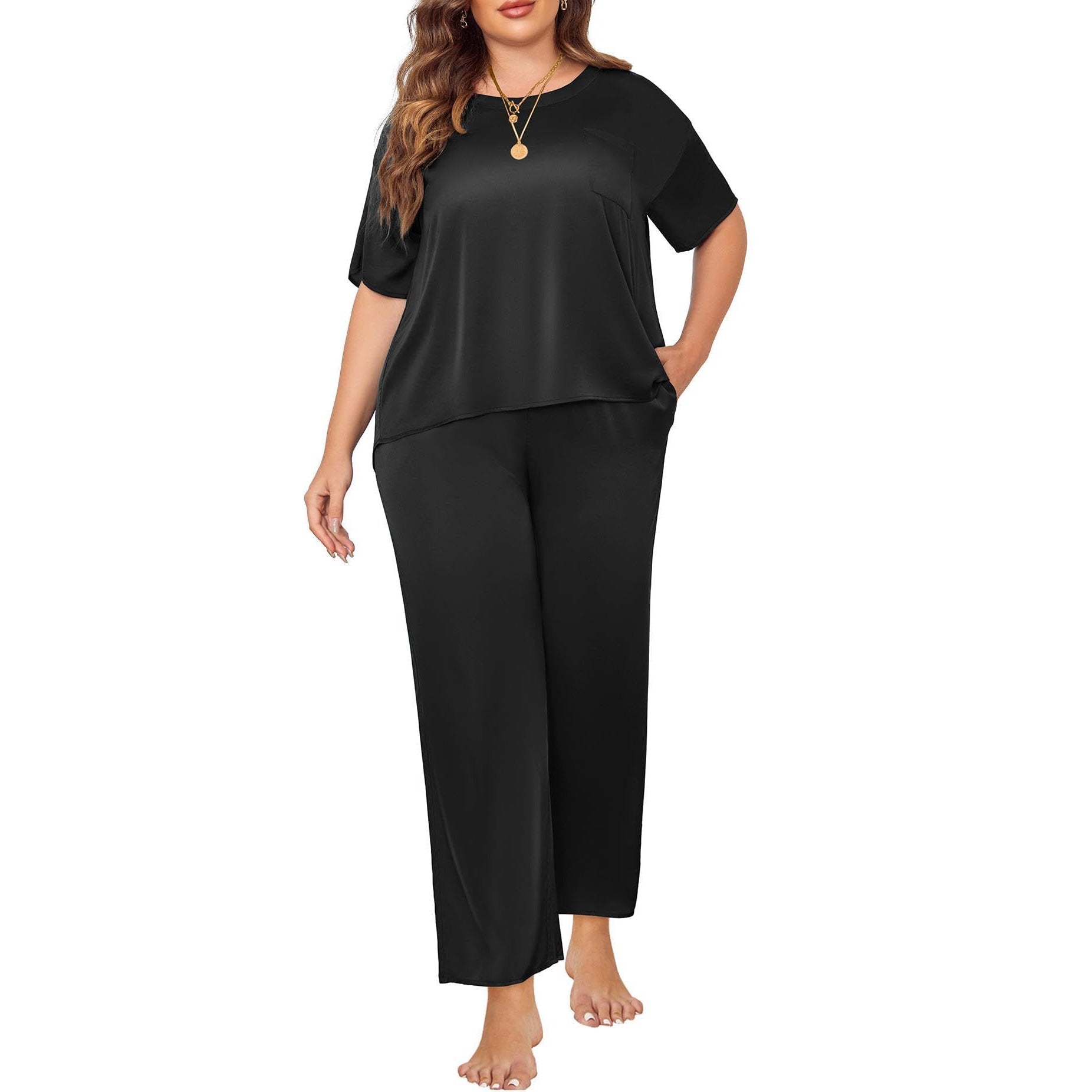 Women's Plus Size Silk Sleepwear Short Sleeve Silk Pajamas Black 1X