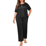 Women's Plus Size Silk Sleepwear Short Sleeve Silk Pajamas Black 1X