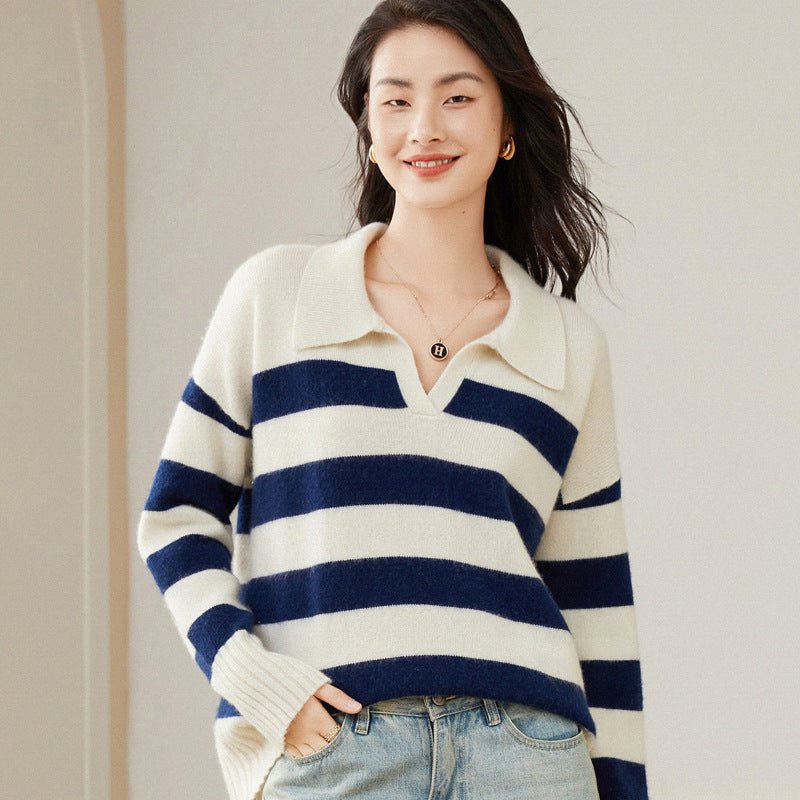 Womens Striped Polo Neck Cashmere Sweater V Neck Pullover Tops
