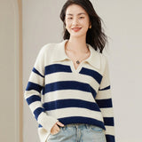 Womens Striped Polo Neck Cashmere Sweater V Neck Pullover Tops
