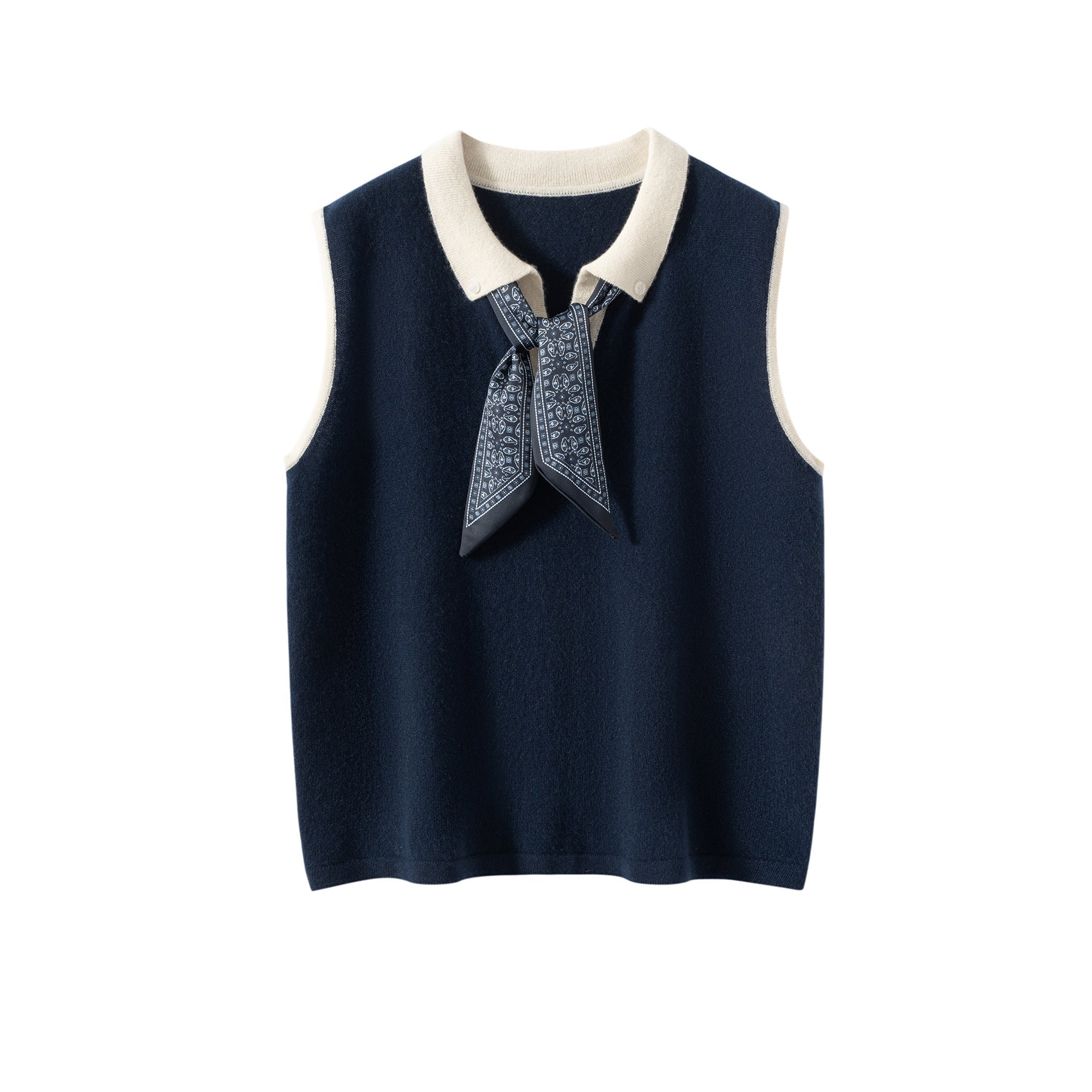 Womens Polo Neck Cashmere Vest Contrast Trim Sleeveless Cashmere Knit Sweater Navy Blue XS