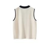 Womens Polo Neck Cashmere Vest Contrast Trim Sleeveless Cashmere Knit Sweater Ivory XS