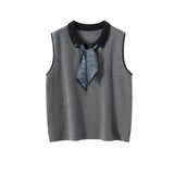 Womens Polo Neck Cashmere Vest Contrast Trim Sleeveless Cashmere Knit Sweater Gray XS