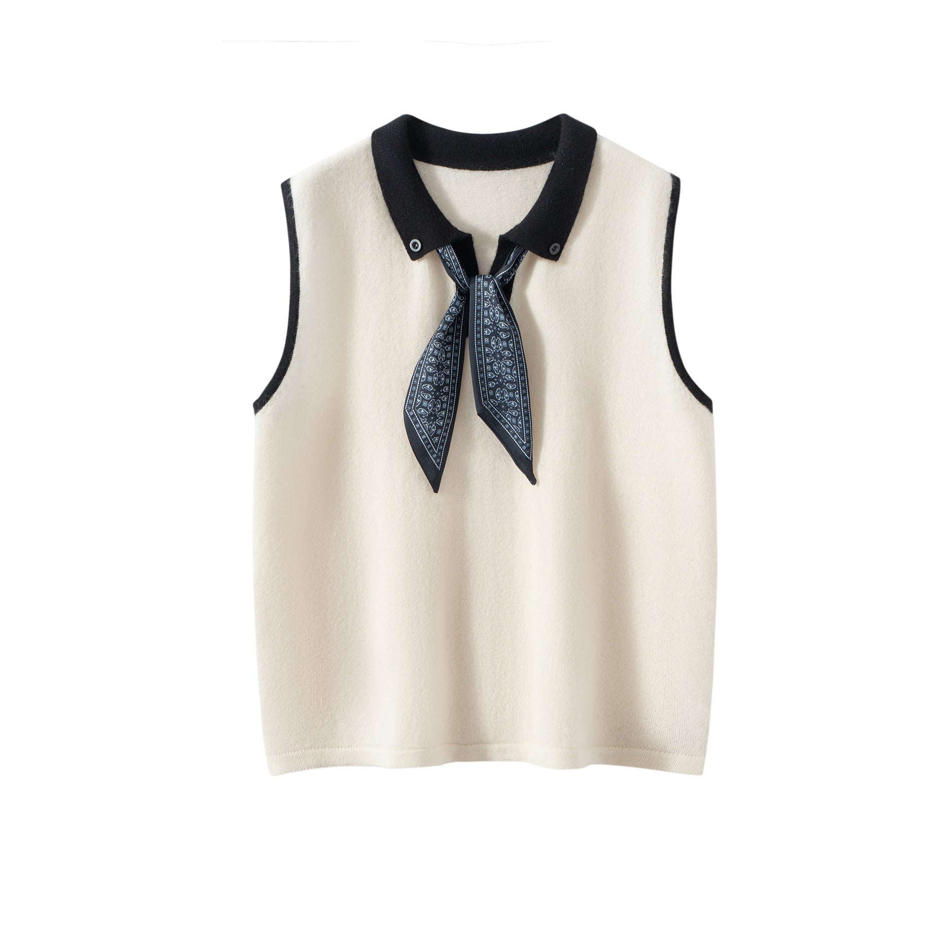Womens Polo Neck Cashmere Vest Contrast Trim Sleeveless Cashmere Knit Sweater Ivory XS