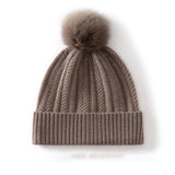 Womens Pom Cashmere Beanie Soft Rib Cashmere Knit Hat Fold Cuff