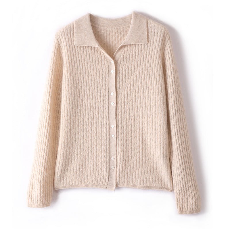 Womens Pure Cashmere Cardigan Cable Knit Button Front Polo Neck Cashmere Sweater Claret XS