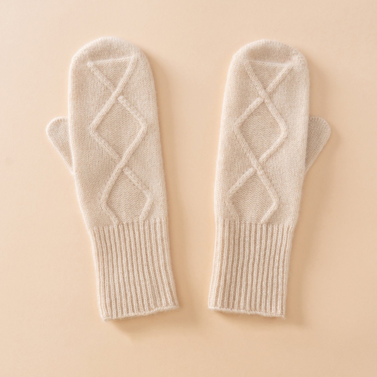 Womens Pure Cashmere Knit Mittens Cashmere Gloves with Diamond Pattern