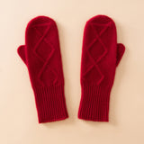 Womens Pure Cashmere Knit Mittens Cashmere Gloves with Diamond Pattern