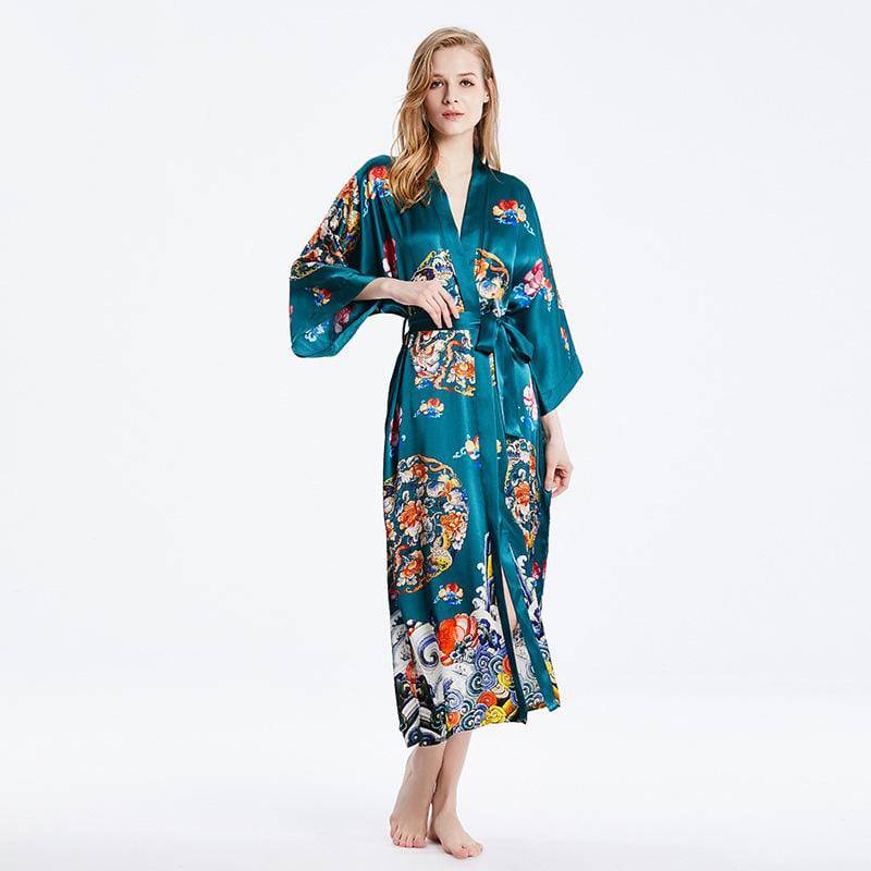 Womens Silk Kimono Wide Sleeves Kimono Silk Floral Print Silk Robe Green One size fits most