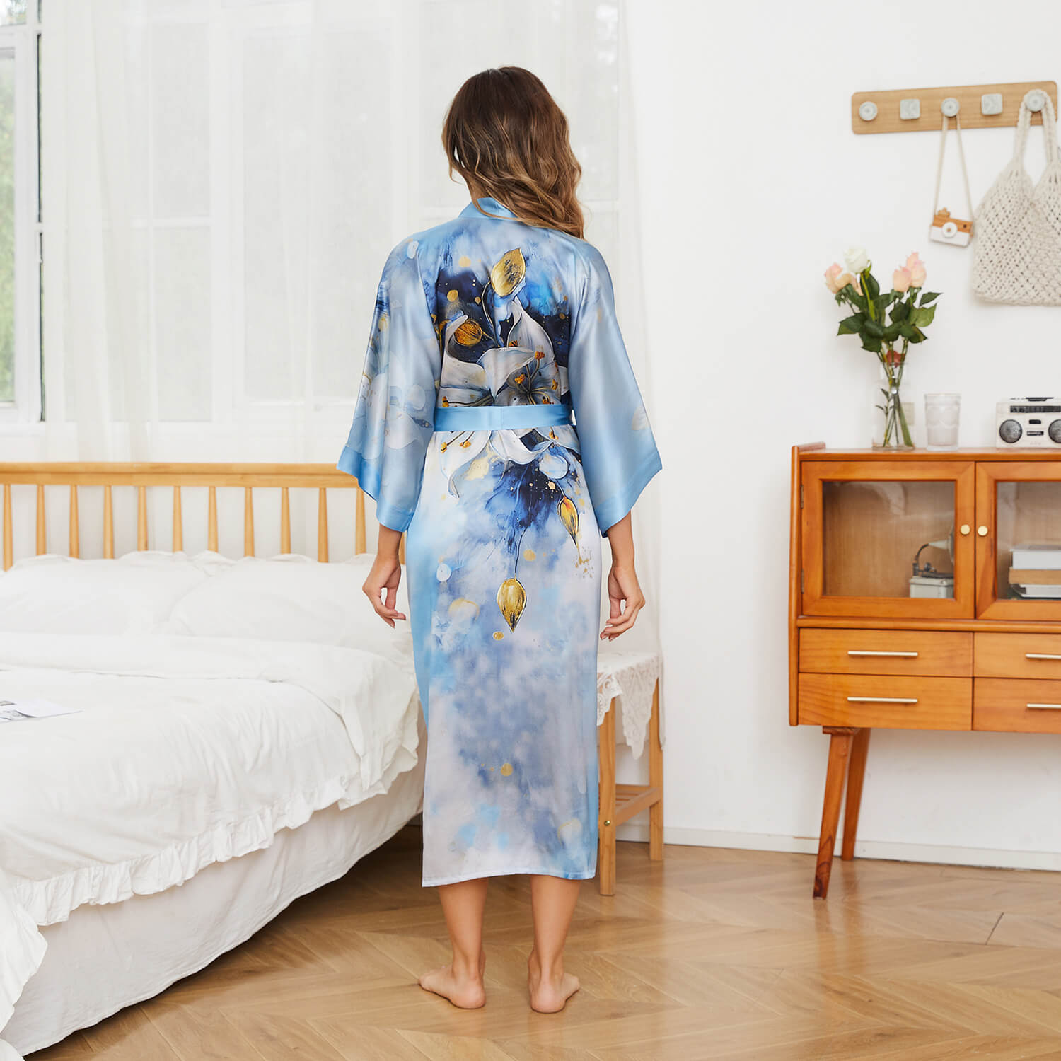 Womens Pure Silk Kimono Robes Long Floral Print Silk Robes
