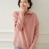 Womens Ribbed Half - Zip Collar Long Sleeve Cashmere Sweater