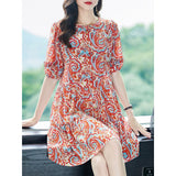 Womens Retro Silk Dress with Red Paisley Print Short Silk Dress Pink XS