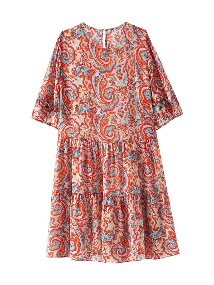 Womens Retro Silk Dress with Red Paisley Print Short Silk Dress Pink XS