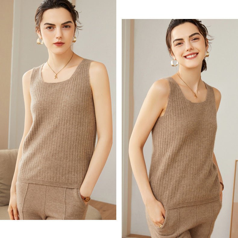 Women's Ribbed Knit Scoop Neck Sleeveless Cashmere Vest U - Neck Cashmere Tank
