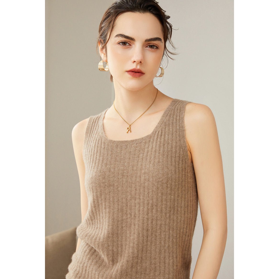 Women's Ribbed Knit Scoop Neck Sleeveless Cashmere Vest U - Neck Cashmere Tank