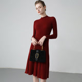 Womens Ribbed Cashmere Midi Dress Mock Neck Cashmere Sweater Dress Fitted Cashmere Dress Claret XS