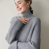Womens Ribbed Cashmere Sweater Turtleneck Cashmere Raglan Pullover Gray XS