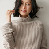Womens Ribbed Cashmere Sweater Turtleneck Cashmere Raglan Pullover Oatmeal XS