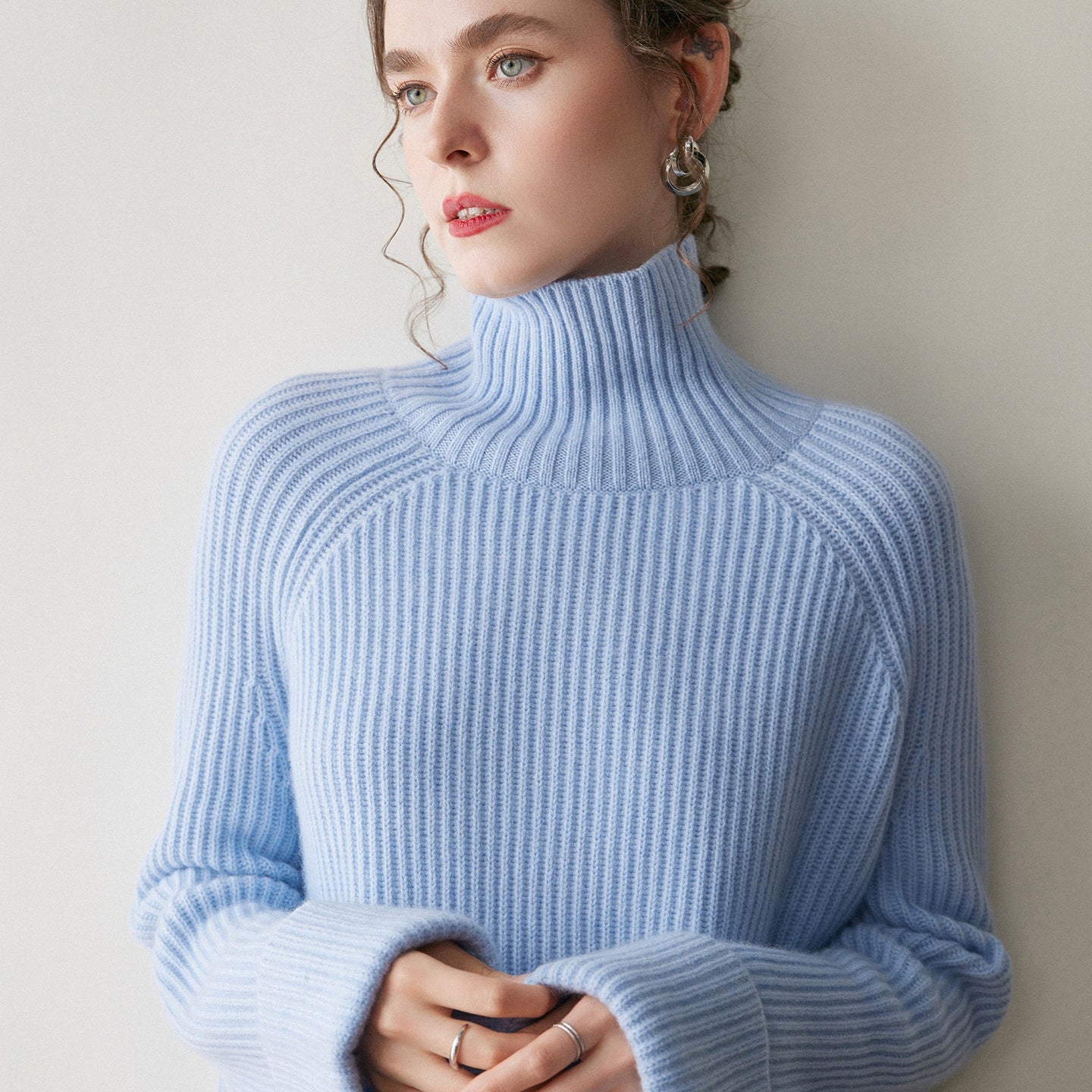 Womens Ribbed Cashmere Sweater Turtleneck Cashmere Raglan Pullover Blue XS