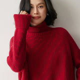 Womens Ribbed Cashmere Sweater Turtleneck Cashmere Raglan Pullover Red XS
