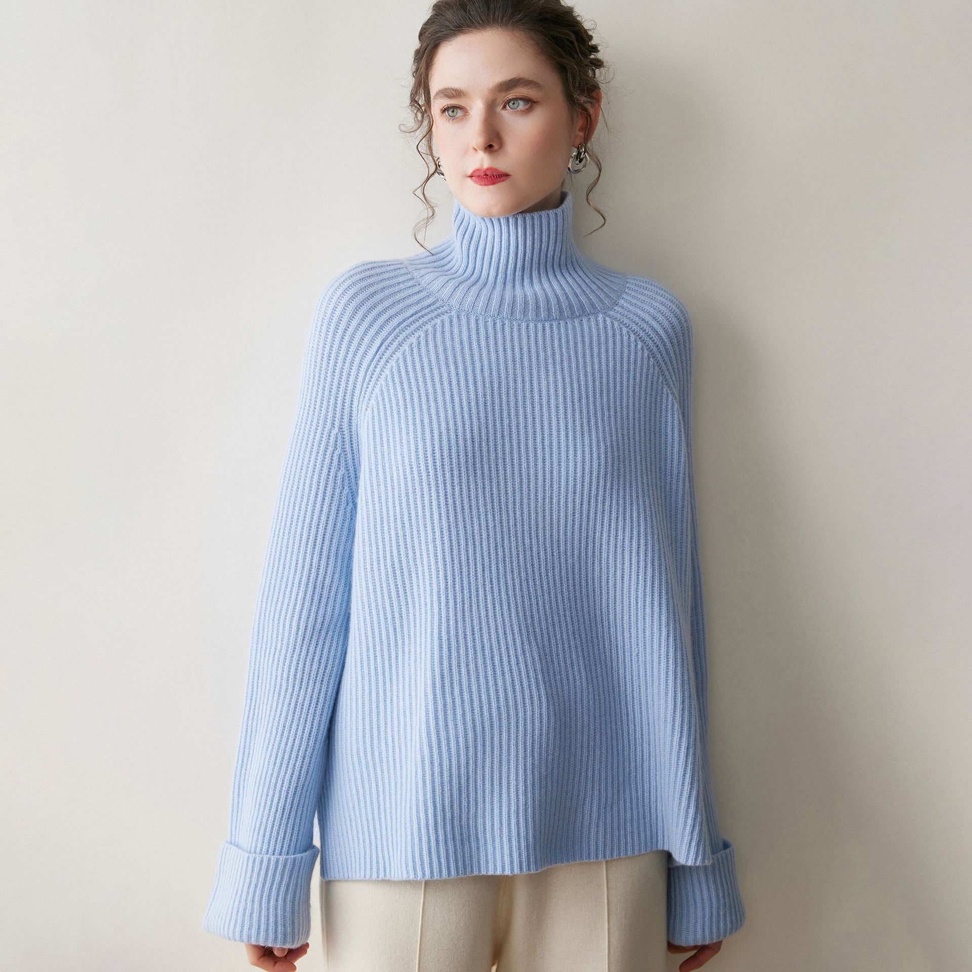 Womens Ribbed Cashmere Sweater Turtleneck Cashmere Raglan Pullover Blue XS