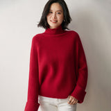 Womens Ribbed Cashmere Sweater Turtleneck Cashmere Raglan Pullover Red XS