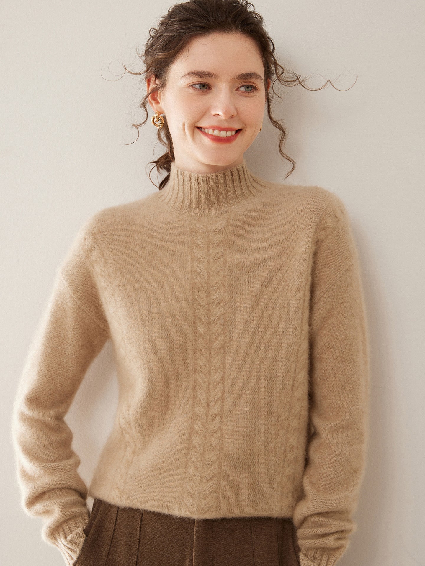 Womens Ribbed Mock Neck Cashmere Sweater Cable Knit Cashmere Pullover Camel XS