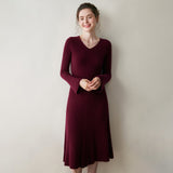 Womens Ribbed V-Neck Cashmere Midi Dress with Flared Sleeves Black XS