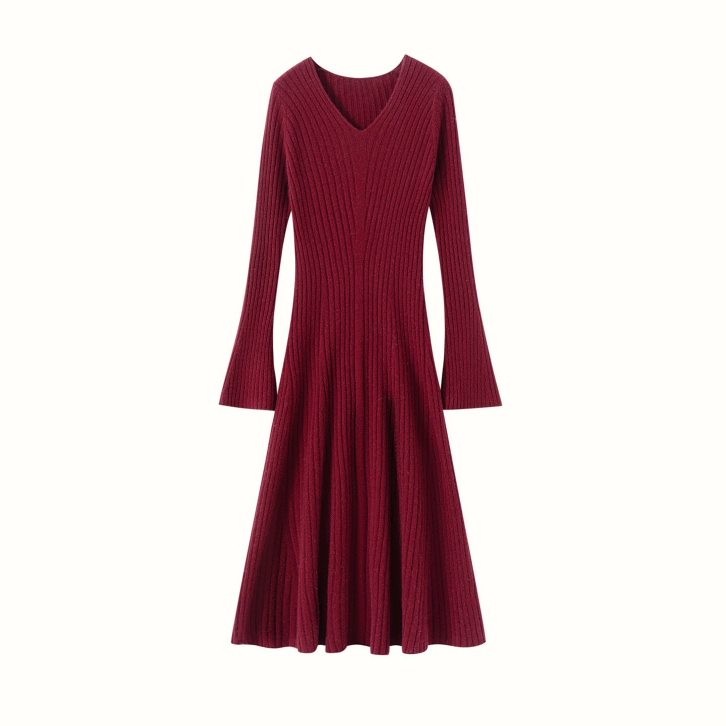 Womens Ribbed V-Neck Cashmere Midi Dress with Flared Sleeves Black XS