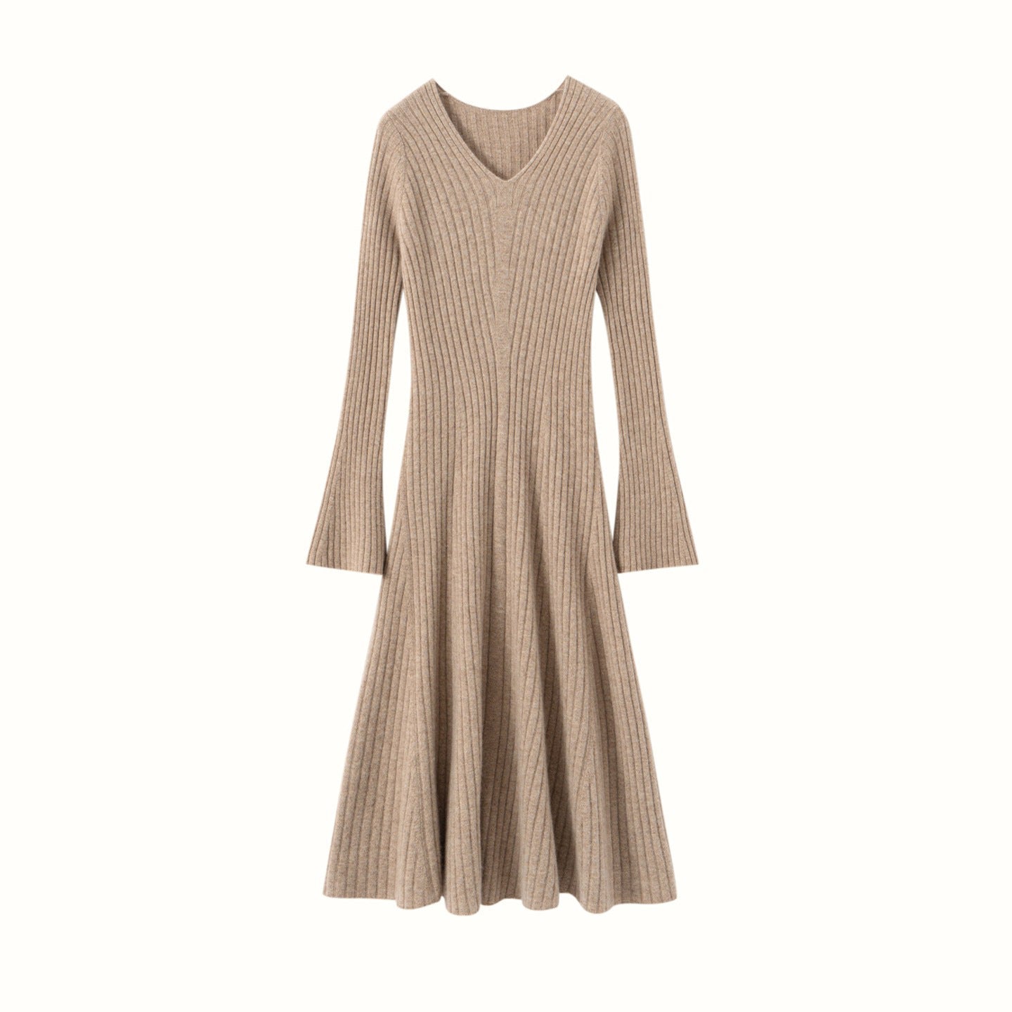 Womens Ribbed V-Neck Cashmere Midi Dress with Flared Sleeves Taupe XS