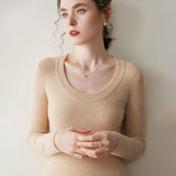 Womens Scoop Neck Cashmere Sweater Long Sleeve Cashmere Knit Top Beige XS