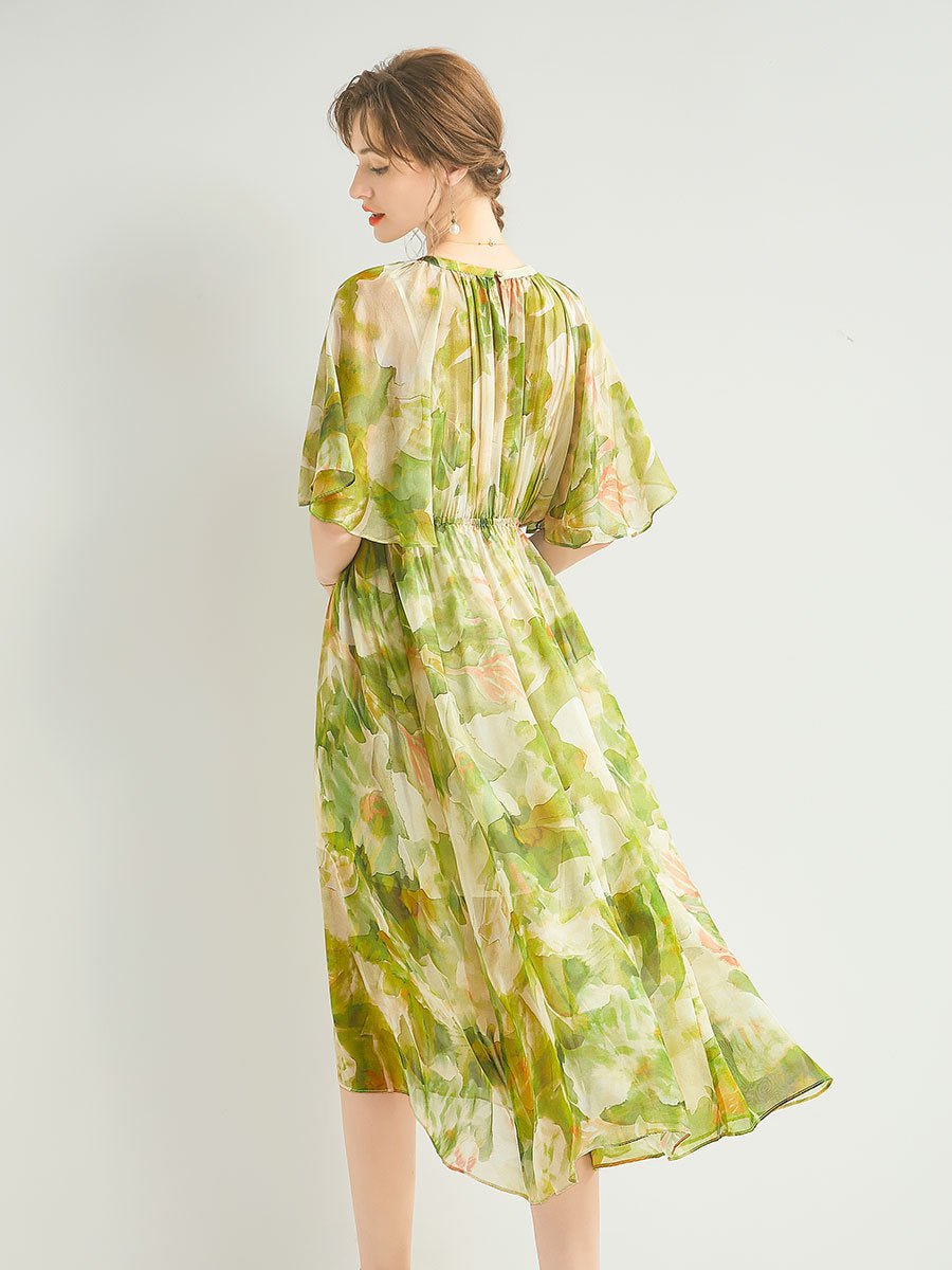 Womens Silk Chiffon Midi Dress Flutter Sleeve Watercolor Floral Green Silk Dress Green XS