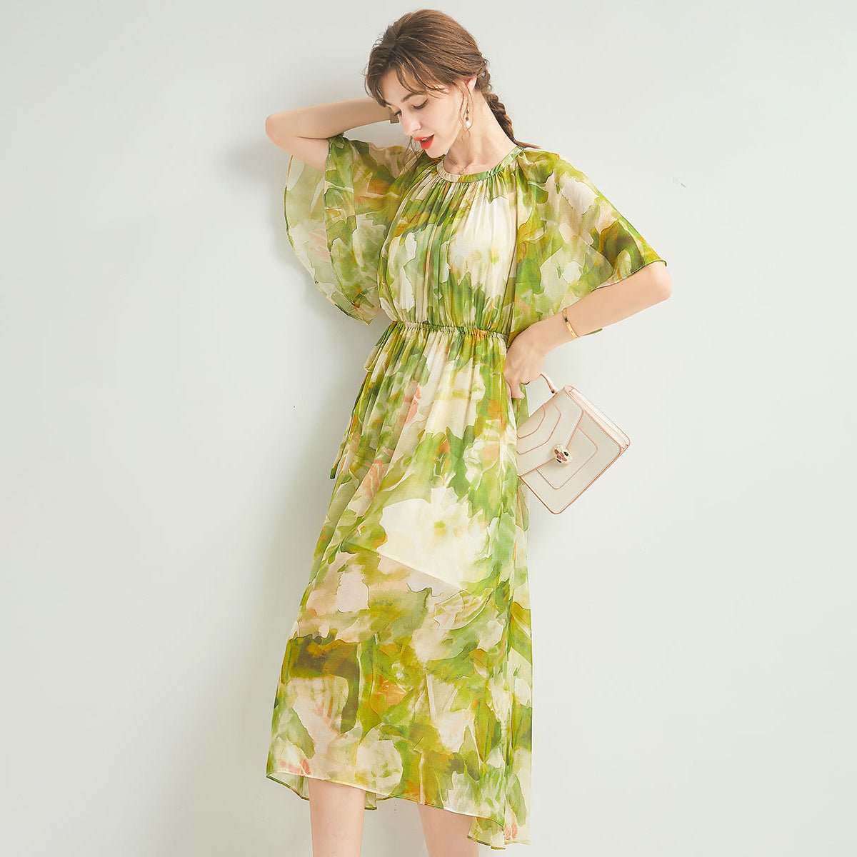 Womens Silk Chiffon Midi Dress Flutter Sleeve Watercolor Floral Green Silk Dress Green XS